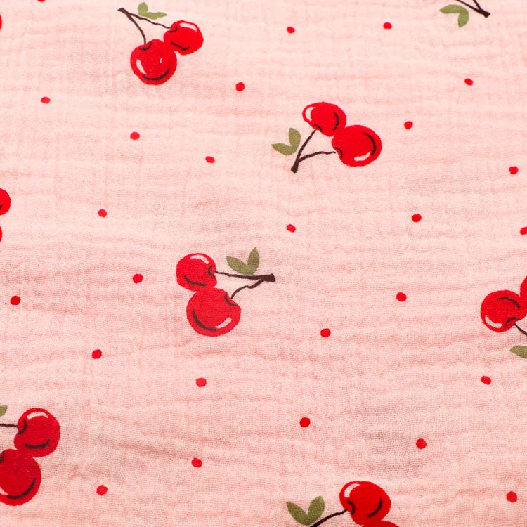 Custom design 110gsm woven airflow cherry pattern printed crepe cotton fabric for baby clothing