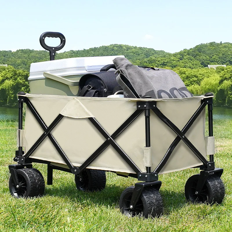 Multi-function Metal Canvas Folding Cart 4 Wheels Folding Portable Camping Wagon outdoor OEM Supported Platform Shopping Trolley