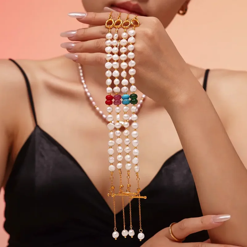 2024 New Jewelry Natural Stone Bracelet 18k Gold Plated Stainless Steel Ot Clasp Waterproof Gold Bead Pearl Bracelet For Women