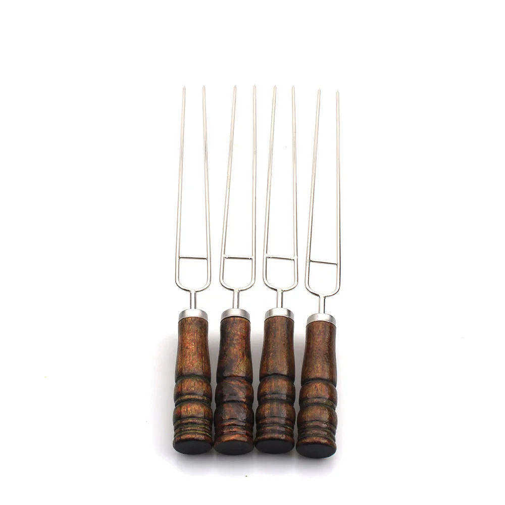 Double Prong Skewers U Shape Stainless Steel BBQ Shish Kabob Barbecue Skewers for Grilling with Wood Handle