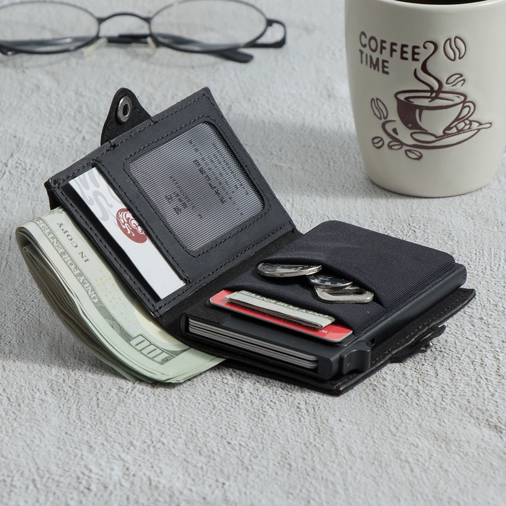 New Product Rfid Genuine Leather Business Smart Credit Card Case Wallet Mini Slim Minimalist Magnetic Pop Up Wallet for Phone