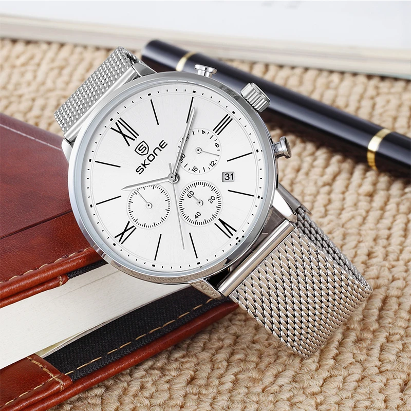 SKONE brand casual stainless steel mesh  strap wholesale black white dial  watch quartz brand watches