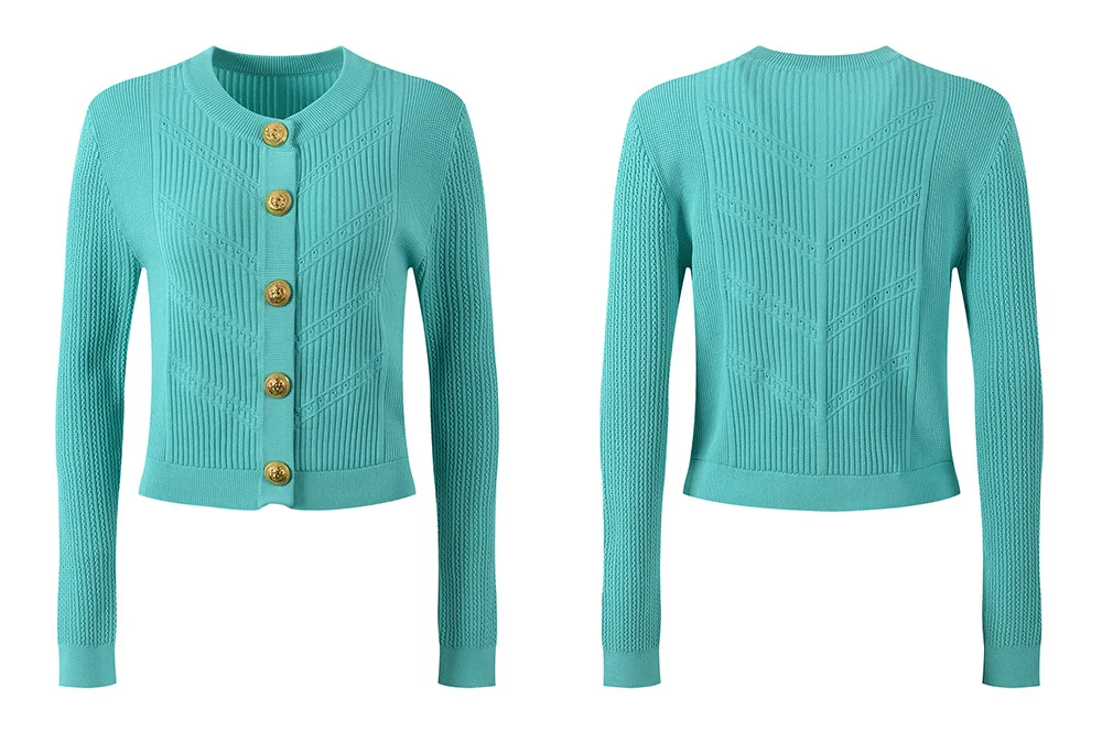 2024 Women Fashion Outfit Wholesale Metal Button Slim Round Neck Long-sleeved Knitted Sweater Cardigan