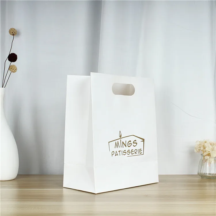 Custom Printing High Quality Heavy Duty Recycled White Brown Kraft Paper Food Packaging Die Cut Handle Takeaway Paper Bag
