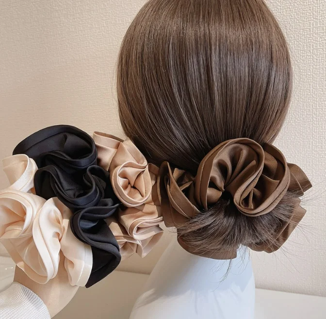 French Ponytail Elastic Hair Bands Women Hair Ties Headwear Accessories Elegant Extra Large flower Satin Scrunchies