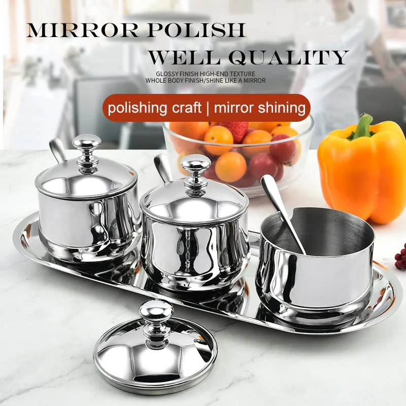 Cafe Restaurant Stainless Steel Kitchen Seasoning Pot 3 Pack Set Mirror Polish Metal Pepper Sugar Salt Bowls Canisters