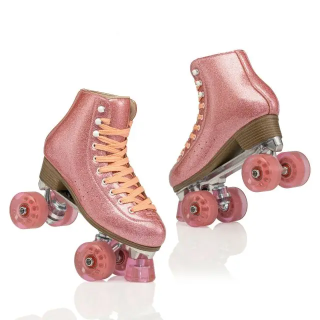 Stylish Comfortable Suede Green Adult Double Row Roller Skates with Purple Transparent Flashing Wheels Category Roller