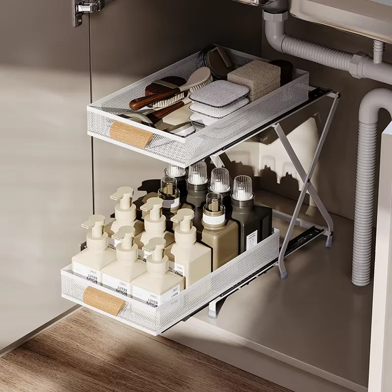 Tiktok Best Selling Black Metal New Sliding Storage Shelves Storage Rack Clear Organizer Under Sink Organizers For Kitchen