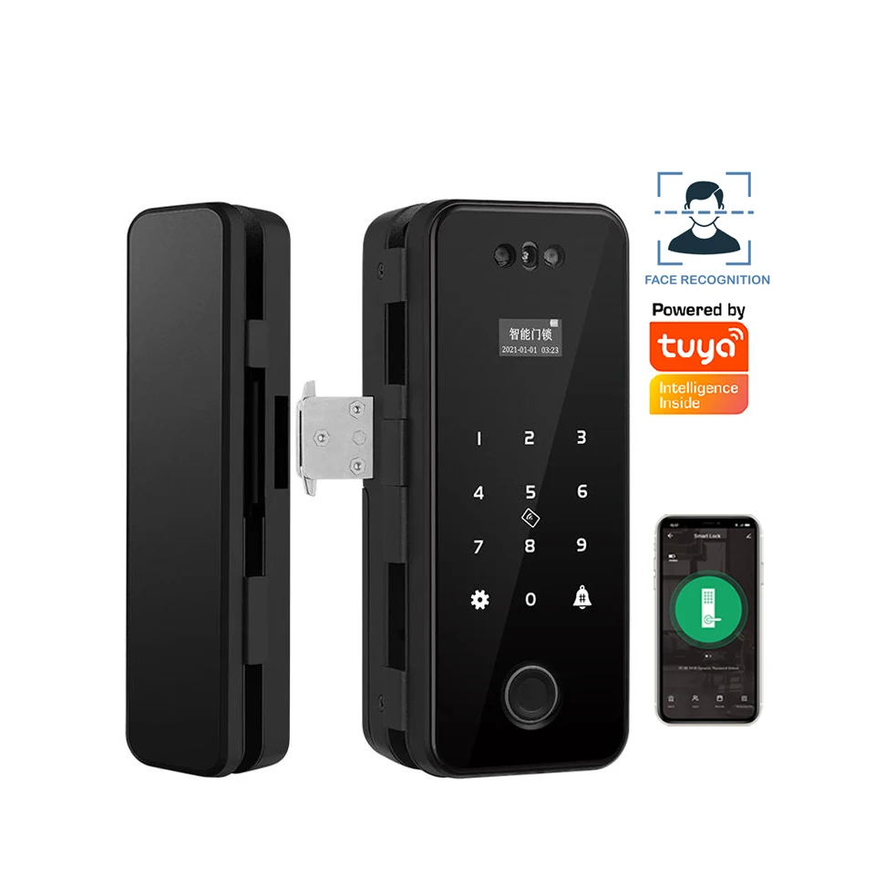 Wholesale WiFi Tuya Cerradura Digital Lock Face ID Recognition Security Keyless Smart Fingerprint Glass Door Lock with Keys