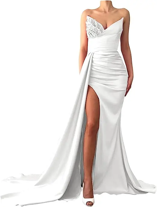 2023 latest design off shoulder diamond v neck backless sexy evening dress high slit front warp hip satin women party dresses