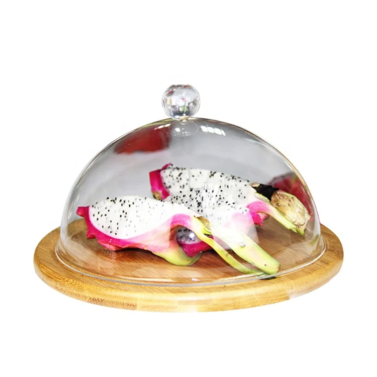 glass dome with bamboo tray cake stand Customized fancy and food safe display decorative wedding