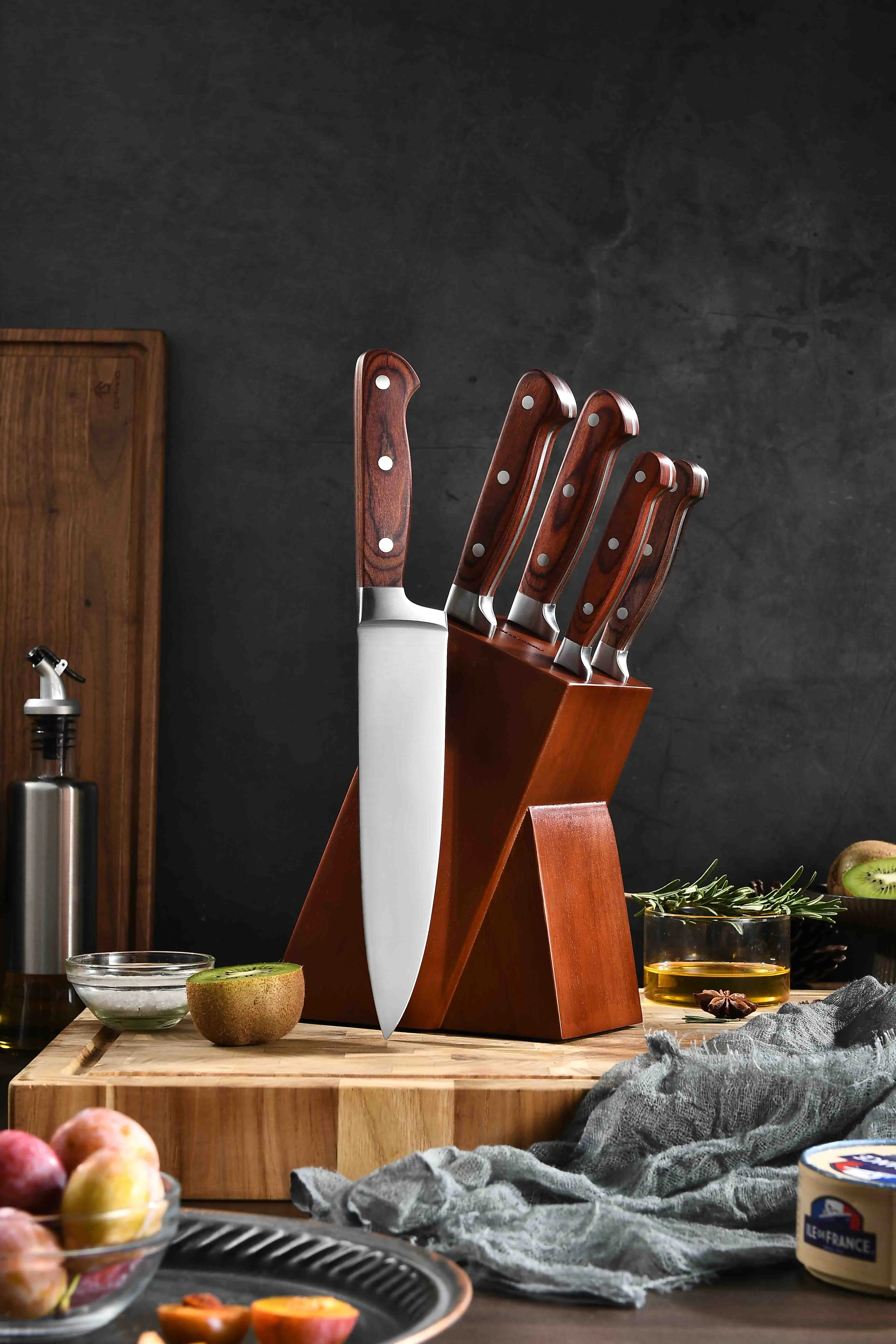 Best Product 6pcs Chef knives stainless steel pakka wood forged handle kitchen knife set with nature wood block