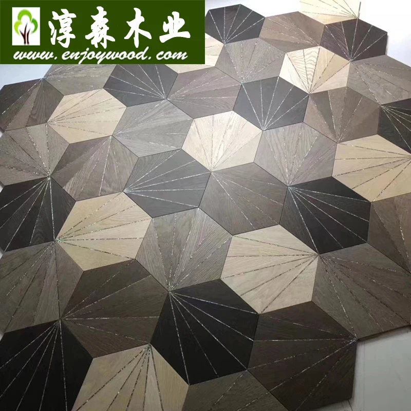Stone Marble Steel Brass Inlay Hexagon Design Wood Flooring Patterned Parquet Wood Flooring Art Parquet Wood Flooring