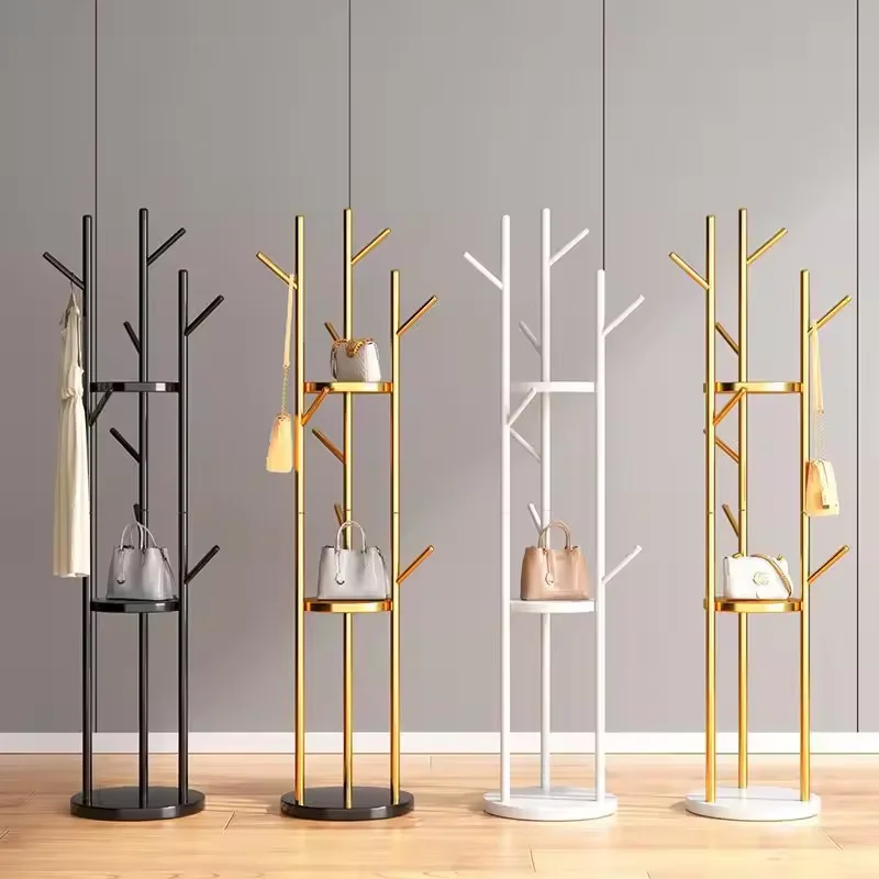 Metal tree clothing coat hat umbrella portable hanger bracket with three-layer storage rack and hooks