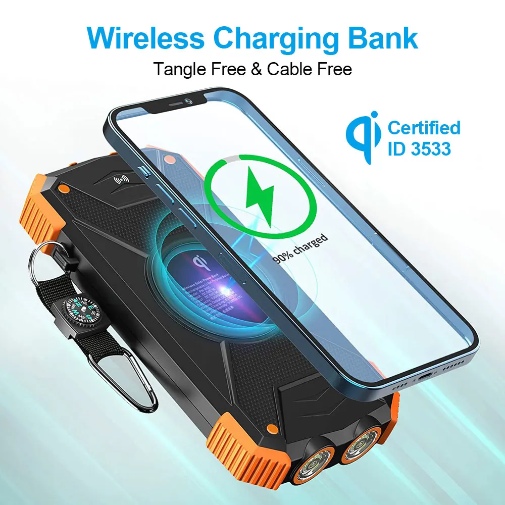 IPX5 Waterproof Qi wireless solar power bank 20000mah 5V 2.1A Dual usb 10000mah portable solar charger With Led Torch Light