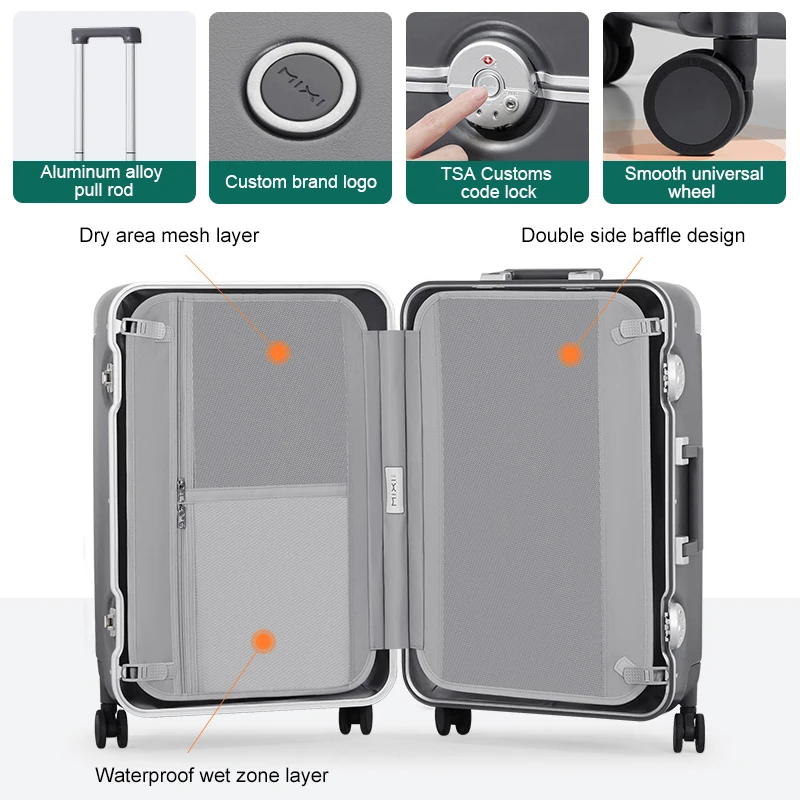 Mixi aluminum PC suitcases trolley luggage lightweight carry on case suitcase travel luggage set for outdoors