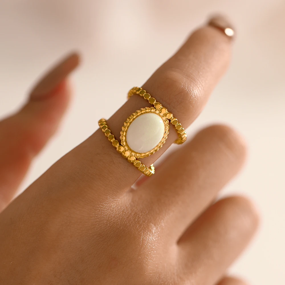 Unique Rectangle Shell Ring 18k Gold Ip Plateding Stainless Steel Croissant Rings For Women Men