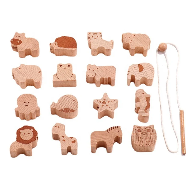 Animals Blocks Bead Maze String Wearing Games Cartoon Animal Rope Wooden Toys