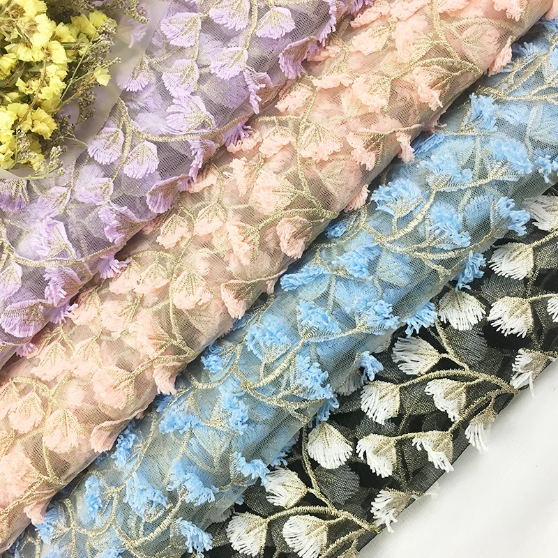 Fashion 3D colorful flower embroidery lace fabric