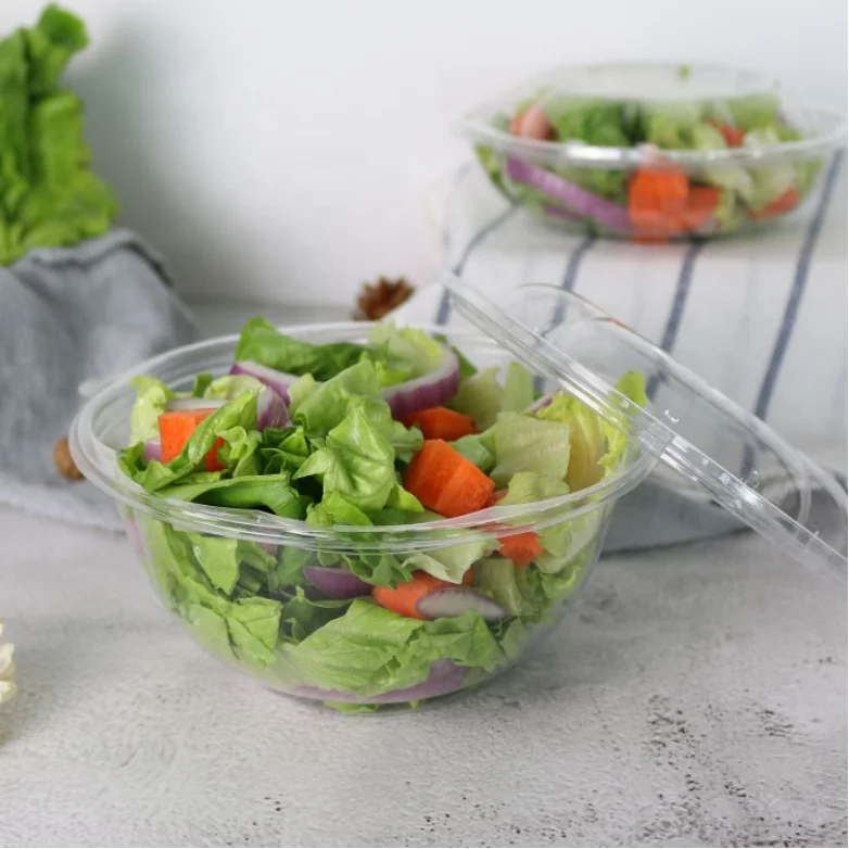 16/24/32/48oz disposable clear plastic pet round fruit salad bowl with lid
