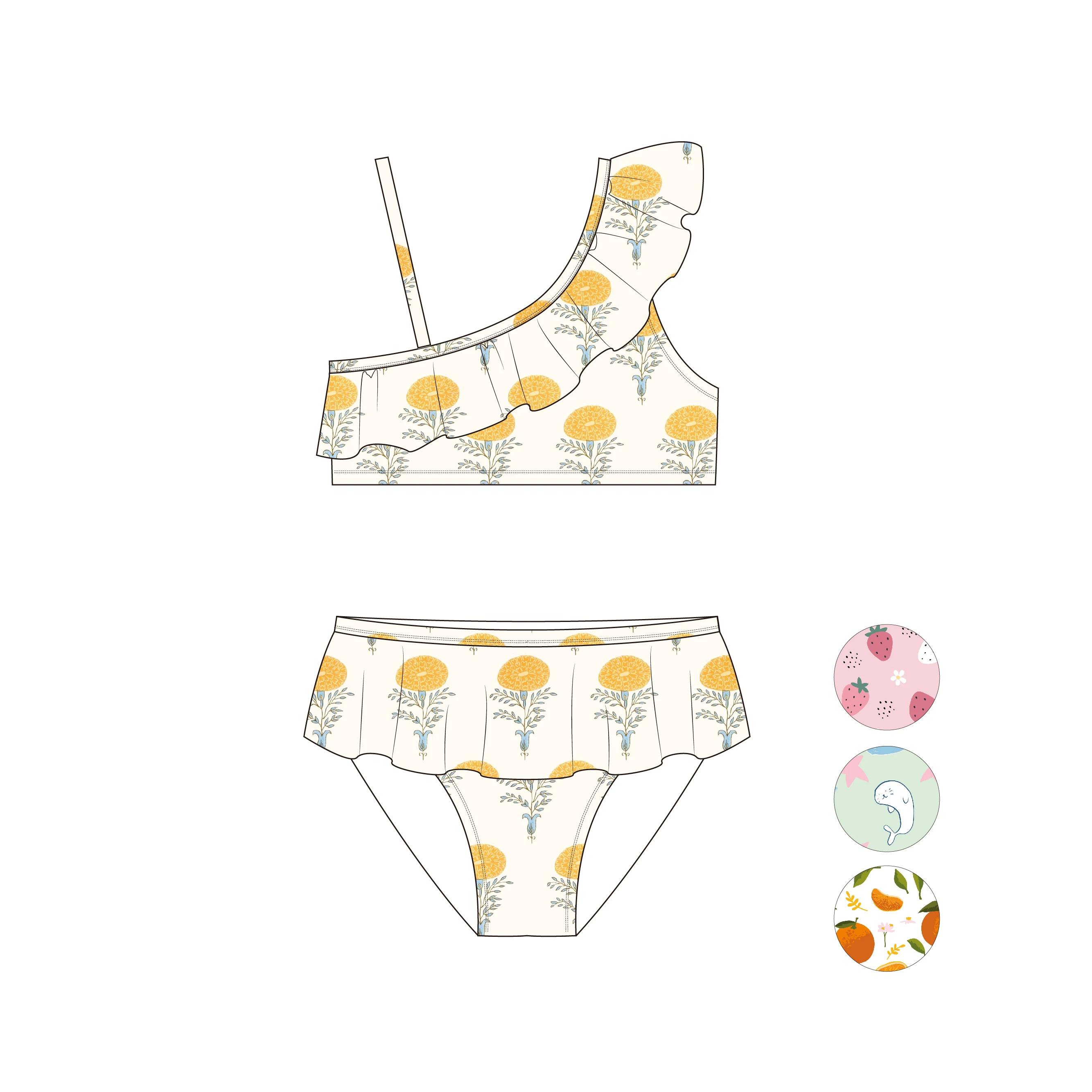 Aide Summer Beige White Floral One Shoulder Kids Girl Bathing Suits Swimwear 2pcs Set Baby Bikini