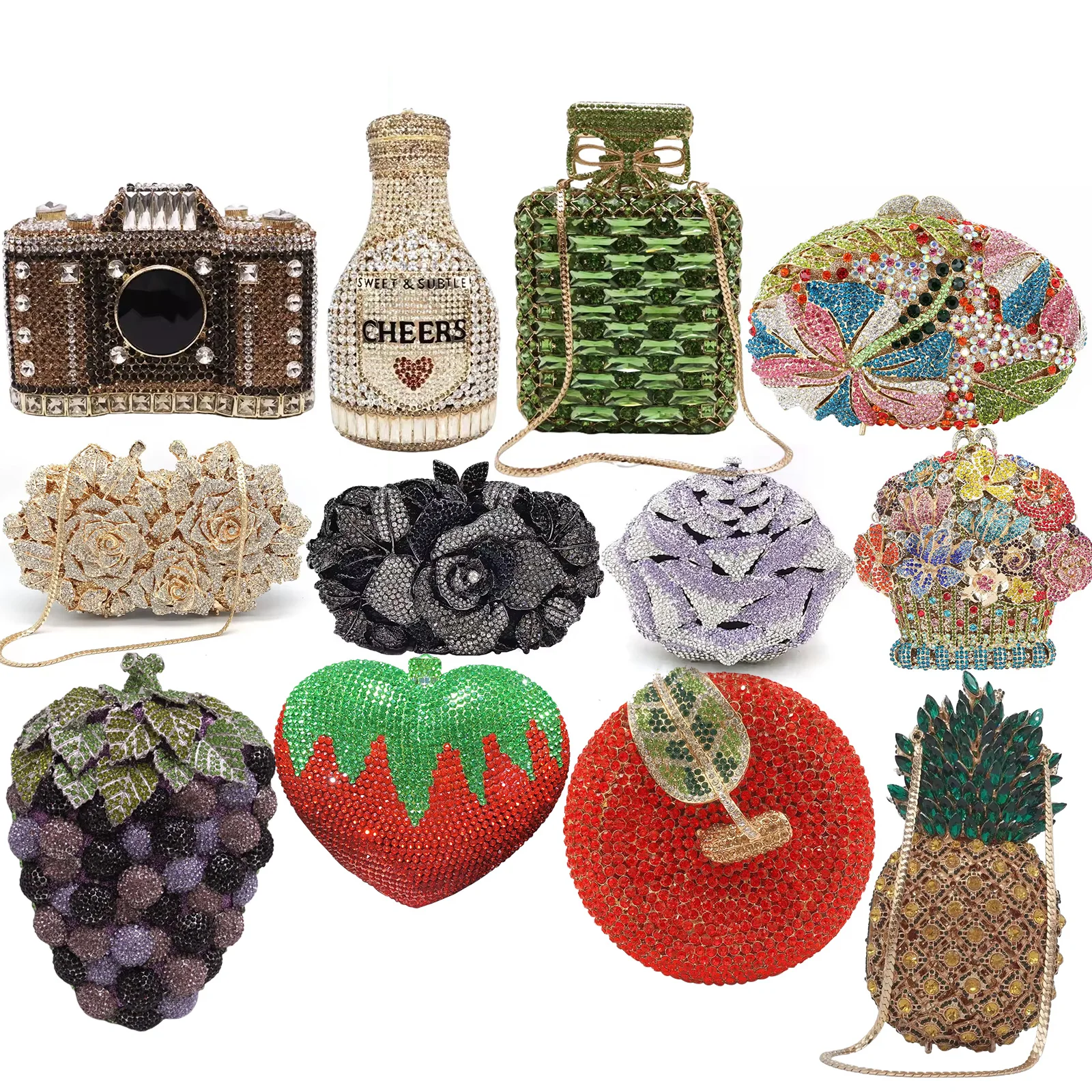 Fruit crystal camera box mesh wine floriation iridescent camellia apple perfume bottles shaped clutch rhinestones evening bags