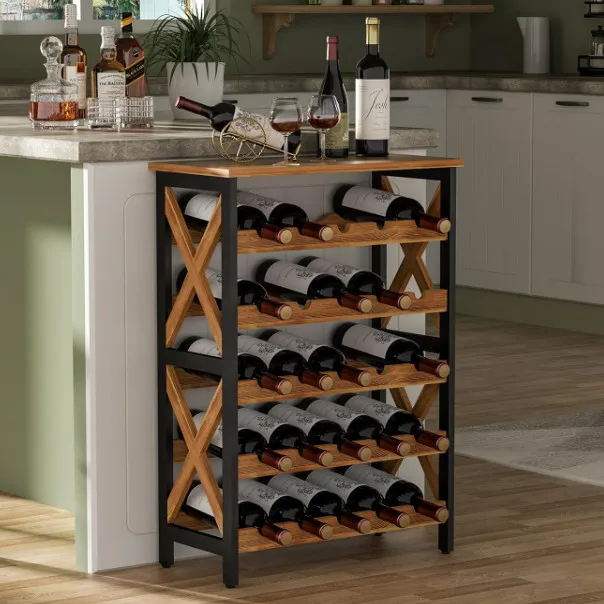 Metal Wood Freestanding 25 Bottle Wine Rack Wine Bottle Organizer Shelf For Cellar Kitchen