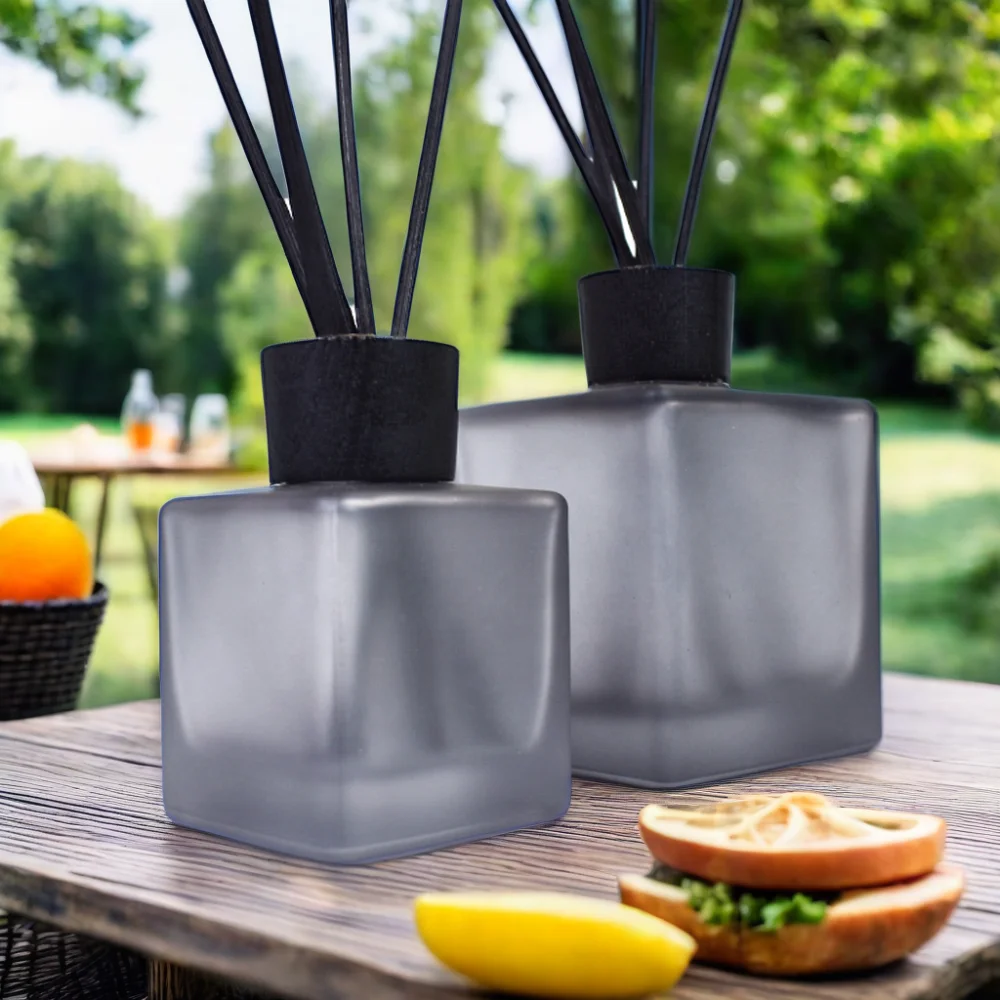 wholesale frosted square empty reed glass diffuser bottle glass wooden cap empty bottle matte black 2 200 ml