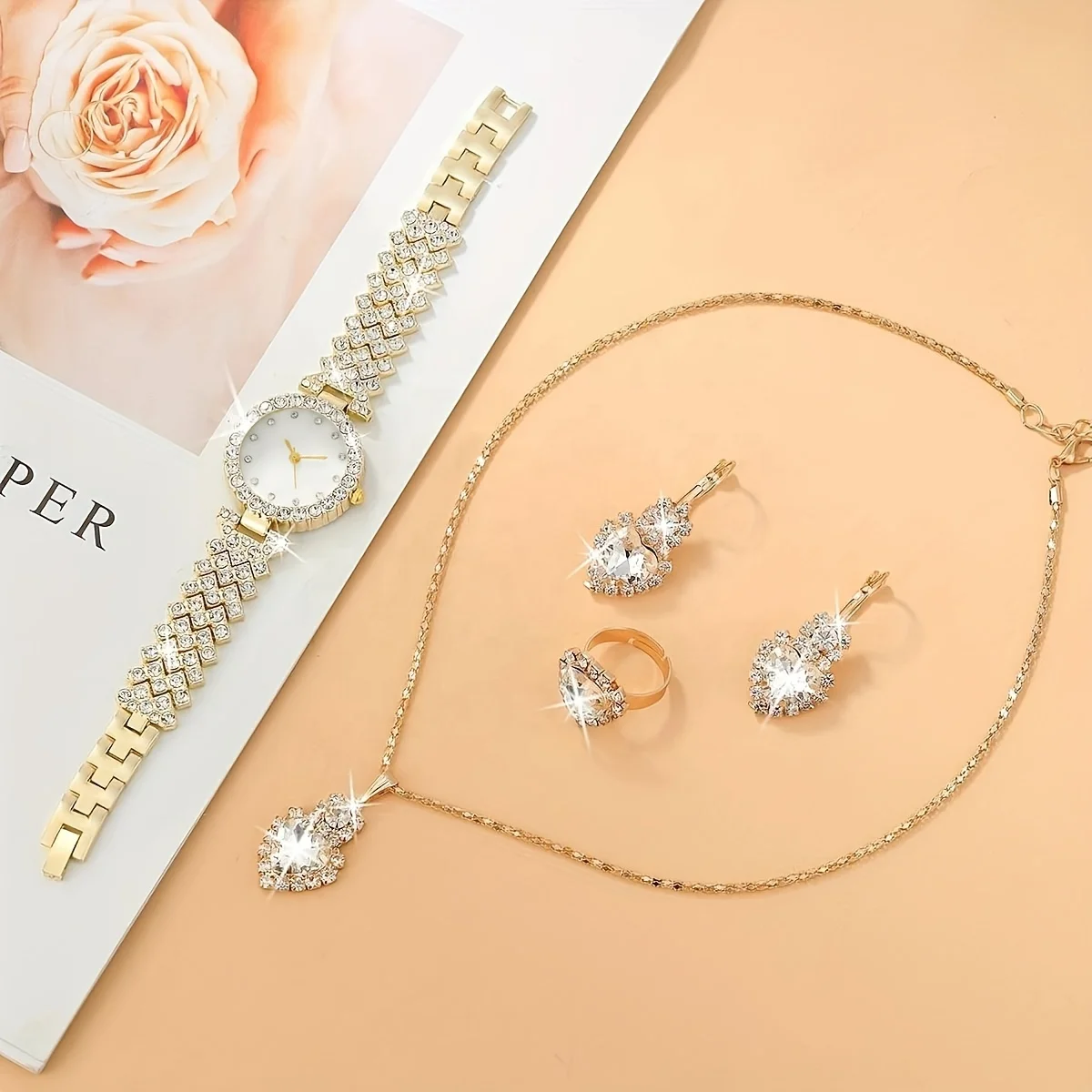 NW1415   Rhinestone Women  Stainless Quartz Watch Elegant Round Pointer Analog  Wristwatch & 4pcs Jewelry Set  Bracelet