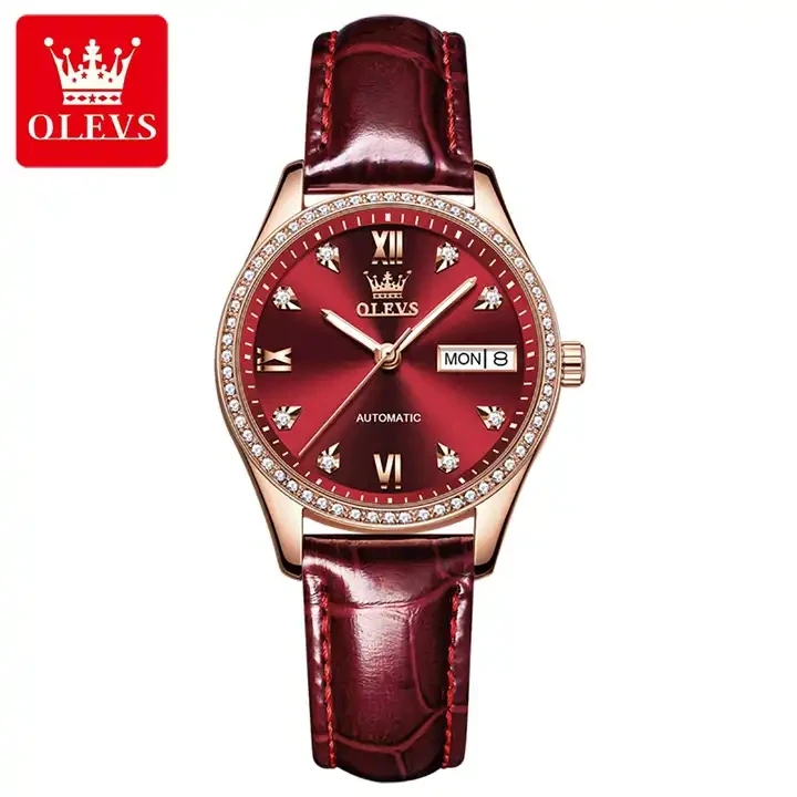 wholesale luxury watches olevs 6637 with diamond watch stainless steel ceramic belt ladies mechanical watches red leather strap