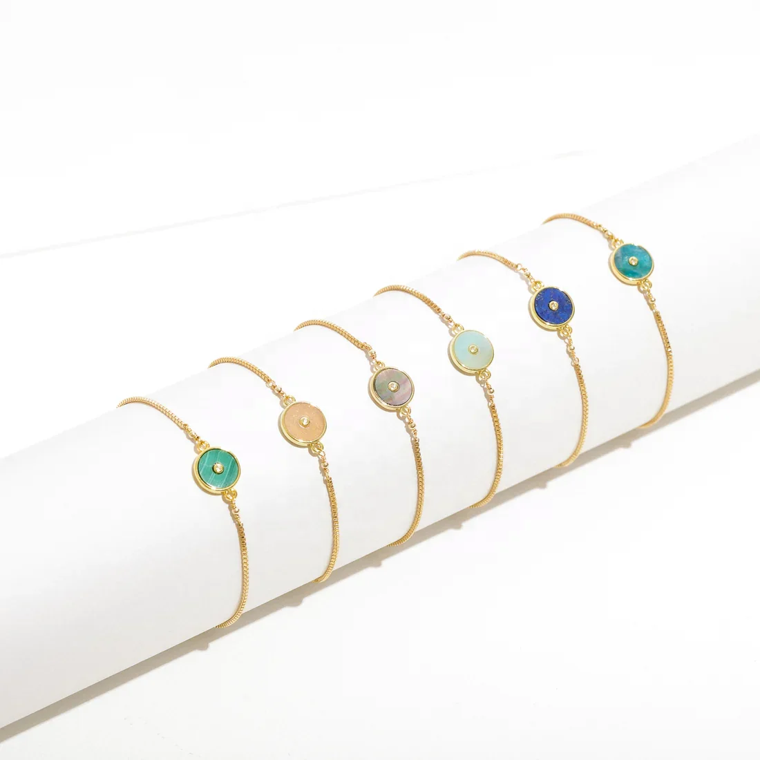 Customized Amazonite Grey Abalone blue Apatite Sunstone lapis Natural Gemstone bracelet Gold Box chain Adjustable Slider Clasp