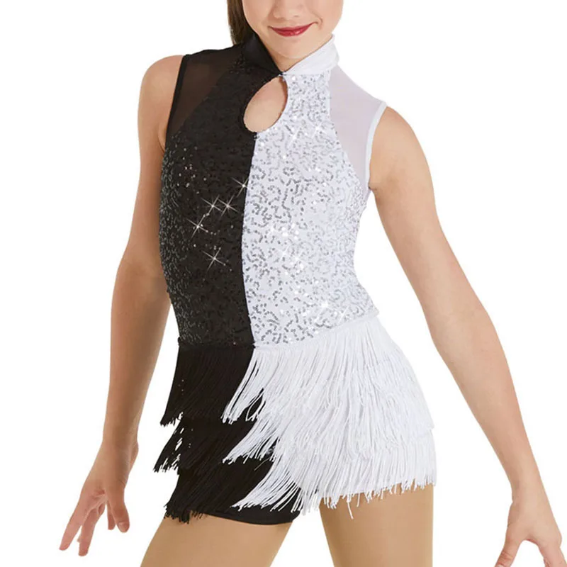 MiDee Vibrant black white tassels sequin sleeveless cha cha dresses Women shiny tap dance costumes adult Latin performance wear