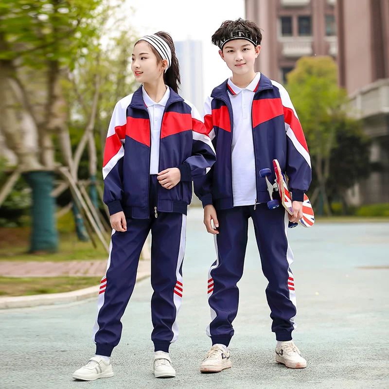 2023 summer new student school uniform set with custom embroidered logo long sleeves children uniforms