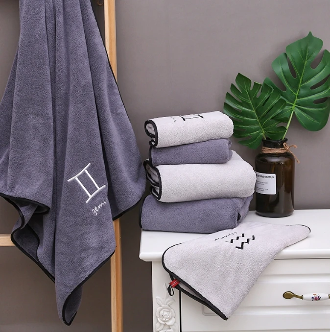 Coral fleece 12 constellations grey face bath towel sports sets with embroideriry