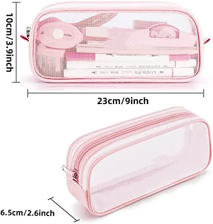 Cute Small Pencil Case for Girls School Bag with Mesh Fabric and PVC Material Pen Bag Pouch for School Bags