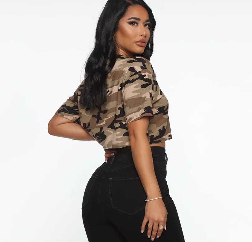 
2021 custom loose simple crop cotton camouflage women short t-shirts 
