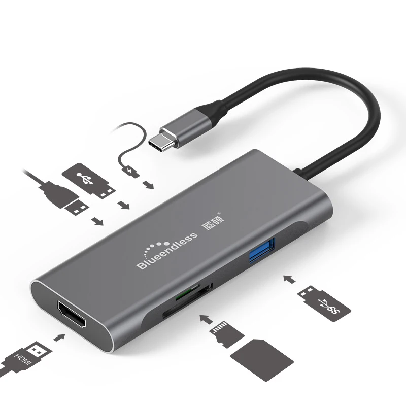 7 Port Type C MINI Hub With 4K Hdtv Port Type C Adapter 7 In 1 Usb C Hub For Laptops