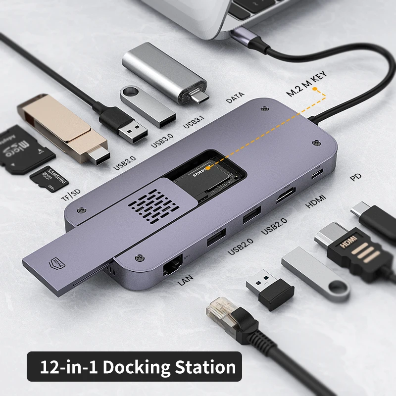 New Design Type-C HUB HDD Docking Station & M.2 SSD Enclosure 2in1 with 100W PD+1000M Lan+SD+TF+USB+DATA
