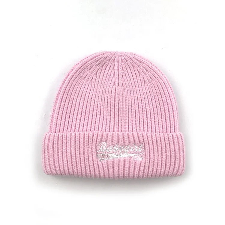 CustomizedCute Pink Embroidered Beanie Viscose Polyester Polyamide Thick Yarn Winter Hats Warm Watch Cap for Ladies Wholesale