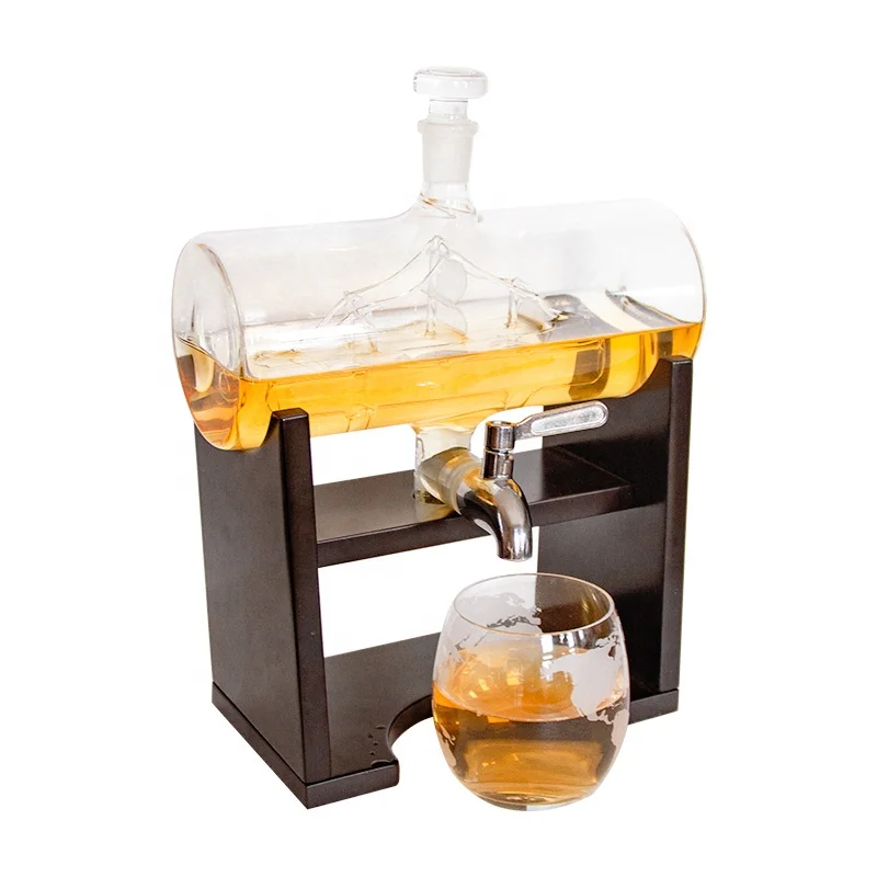 Clear Glass Wine Decanter Set Whiskey Stones Barrel Shape Decanter Set with Wooden Stand