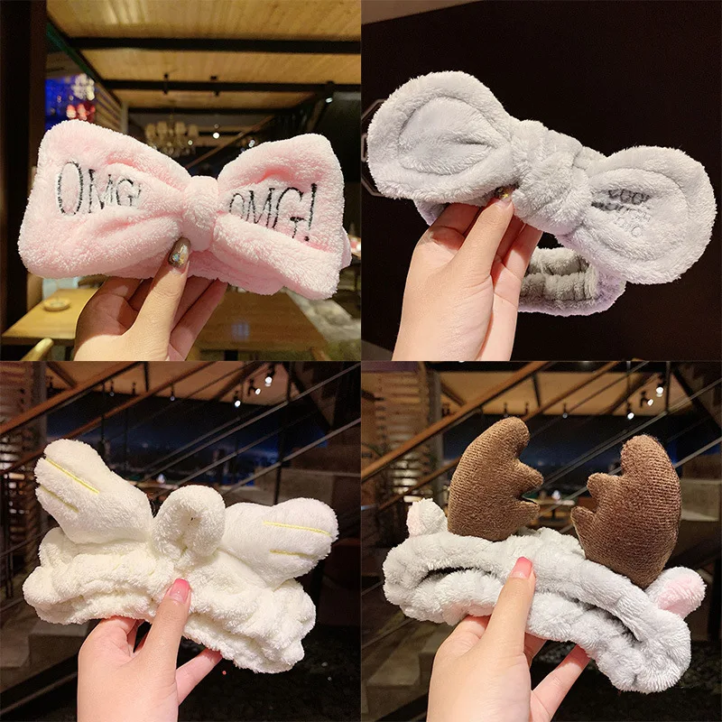 Women Girl Wash Face Cute Hair Band Makeup Plush Headwear Cat Bunny Ears Hairband Korea Elastic Velvet Bow Knot Headband