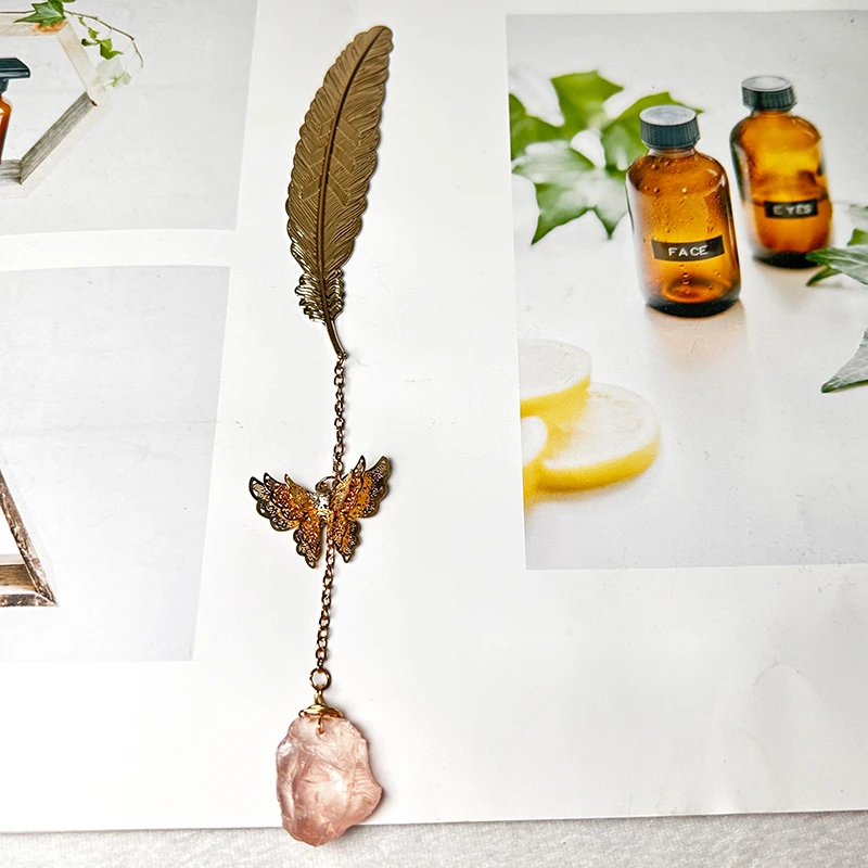 Wholesale Bulk Natural Crystal Amethyst Stone Pendant Feather Metal Custom Bookmark For Reading