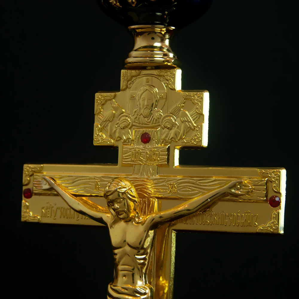 HT Gold Plated Candlesticks Church Jesus Crucifix Candle Holders with Round Base and Floral Design