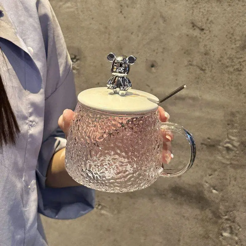 Bear Mug With Lid High-Value Glass Water Cup Souvenir Handle Flower Teacup Office Coffee Mug