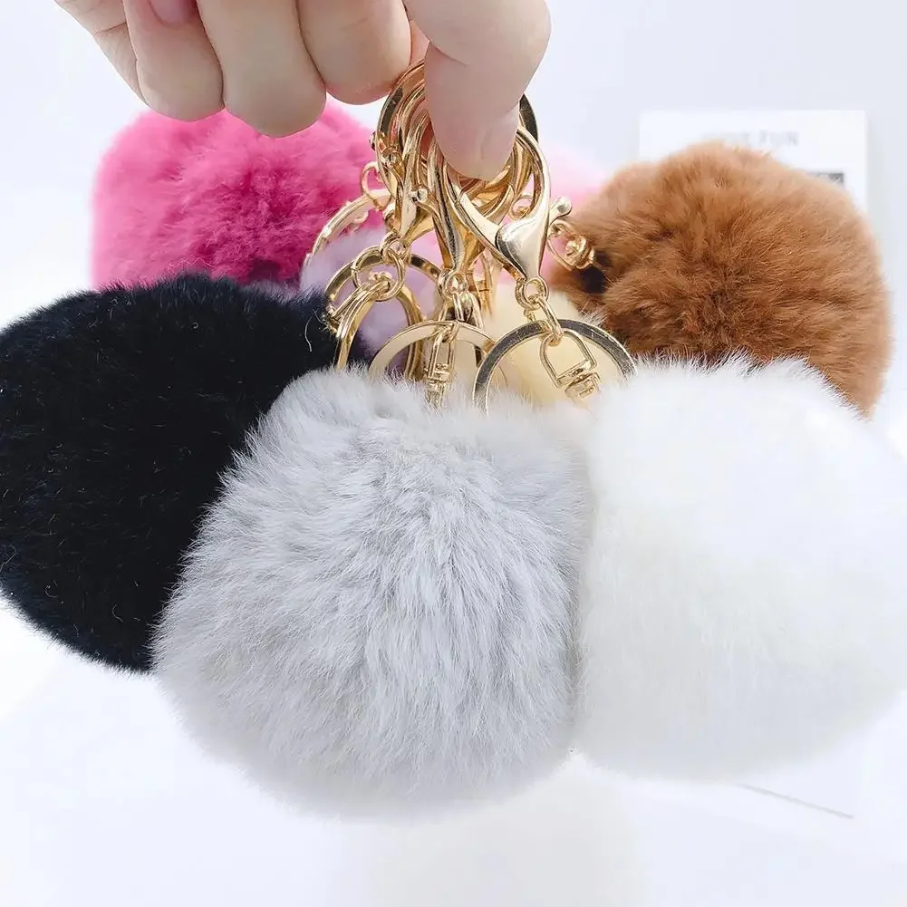 Women Car Key Pendant Faux Rabbit Fur Keychain Girl Cute Plush Ball Bag Charm Ornament Soft PomPom Key Ring Fluffy Puff Ball