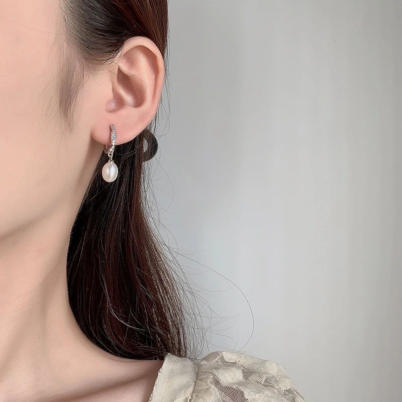 Customized Fine Jewelry Earring Women Real 925 Sterling Silver Charms Pearl Drop Zircon Silver Hoop Huggie Earrings Jewelry