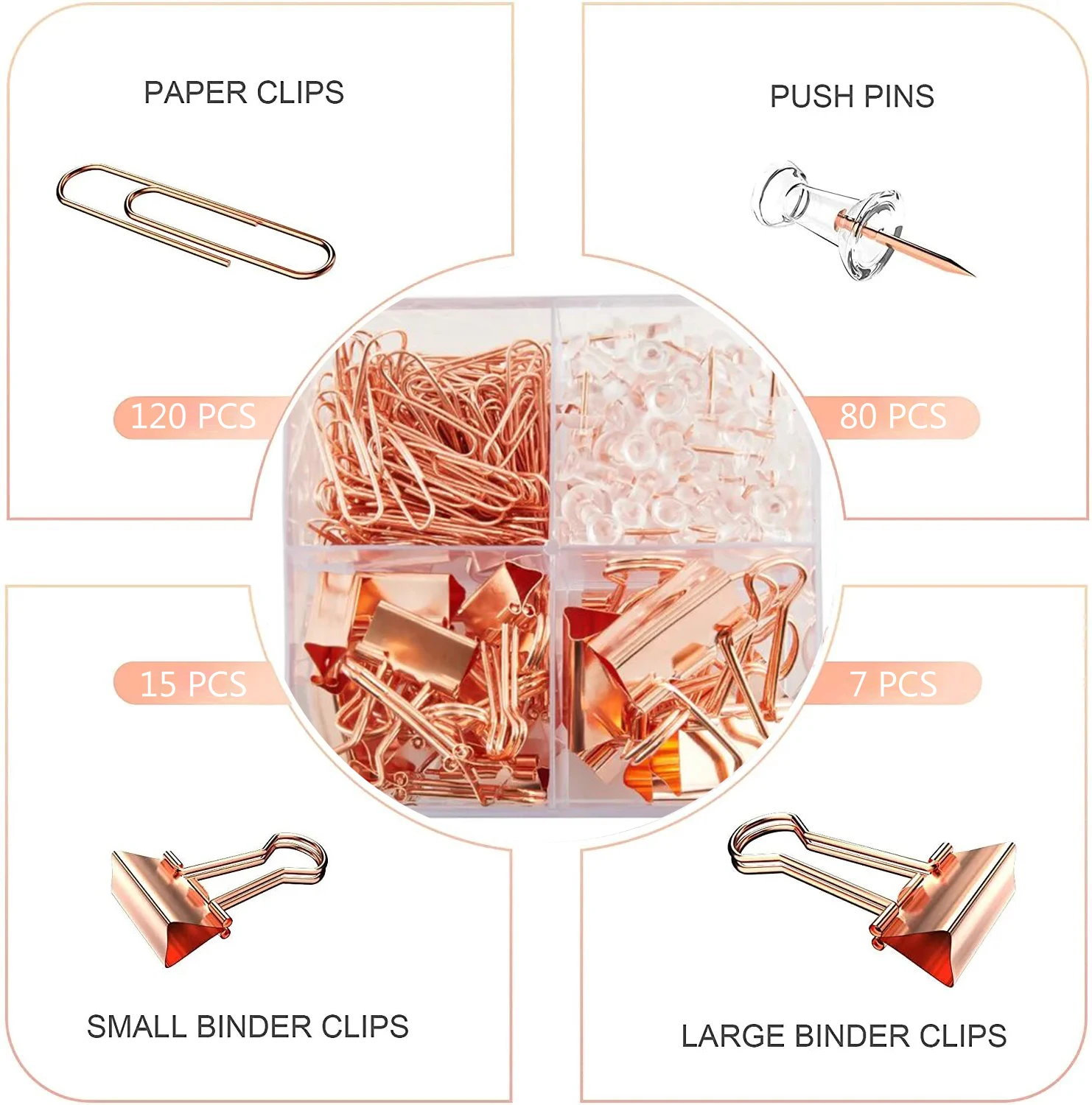 4-in-1 Rose Gold Paperclips Sets Notes Letter Ticket Bookmark Clamp Push Pins Binder Paper Clips for Student Office