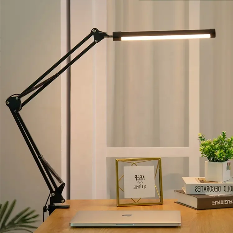 Modern Led Desk Lamp Metal Swing Arm Dimmable Task Lamp Clip-on Eye Protection 5 Brightness Table Light for Dorm Home Office