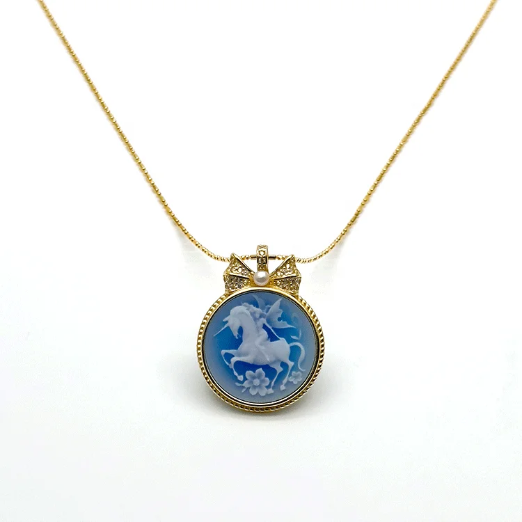925 Silver  Gold Vermeil Unicorn Necklace Carving Round Agate Cameo Animal Pendant for Girls