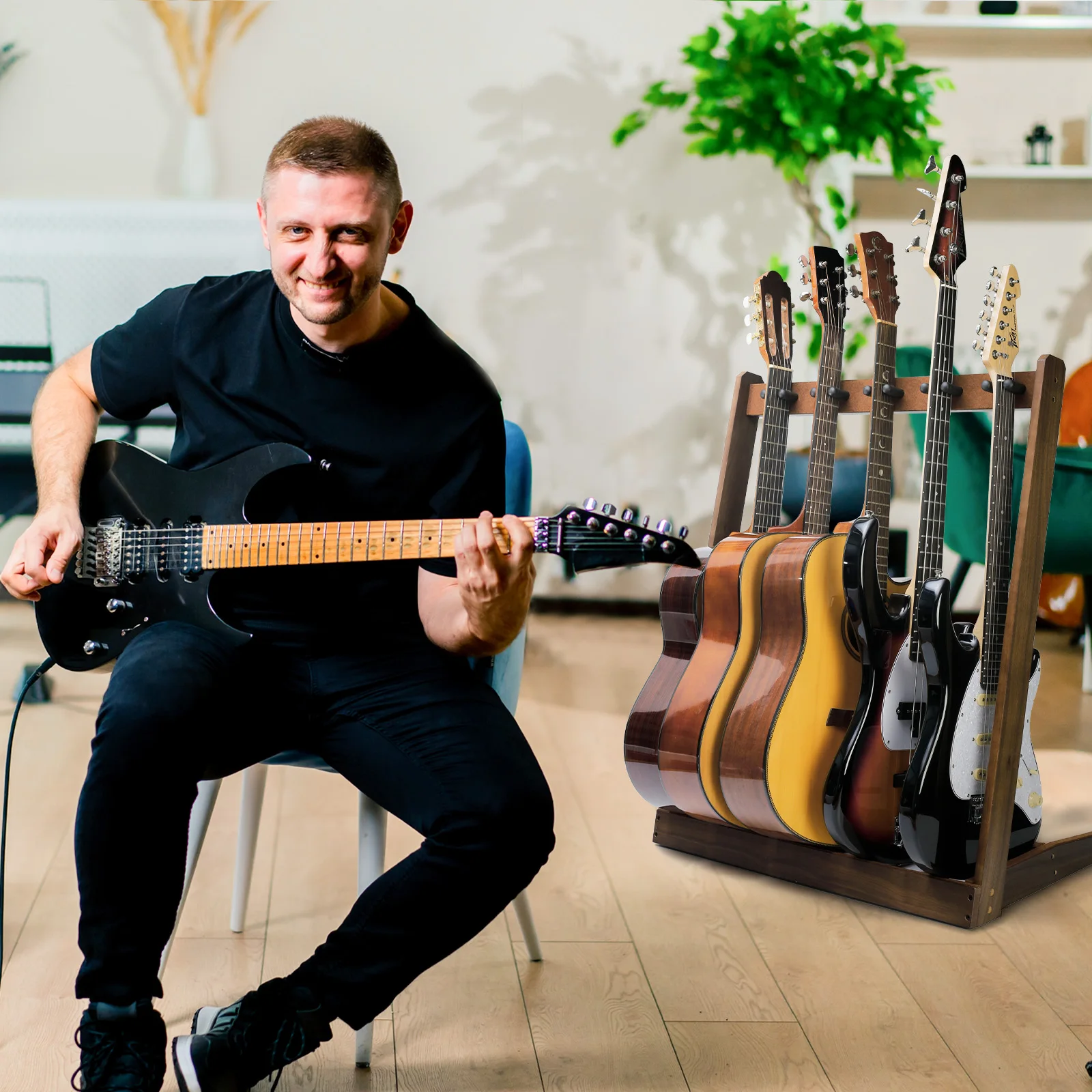 5pcs Electric Guitar and Bass Floor Stand Multiple Guitar Holder Wooden Guitar Stand with Storage Shelf 5 Musical Instrument